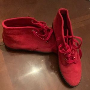 Red booties Suede-like material, canvas interior. Like new, Women’s Size 9.5W.
